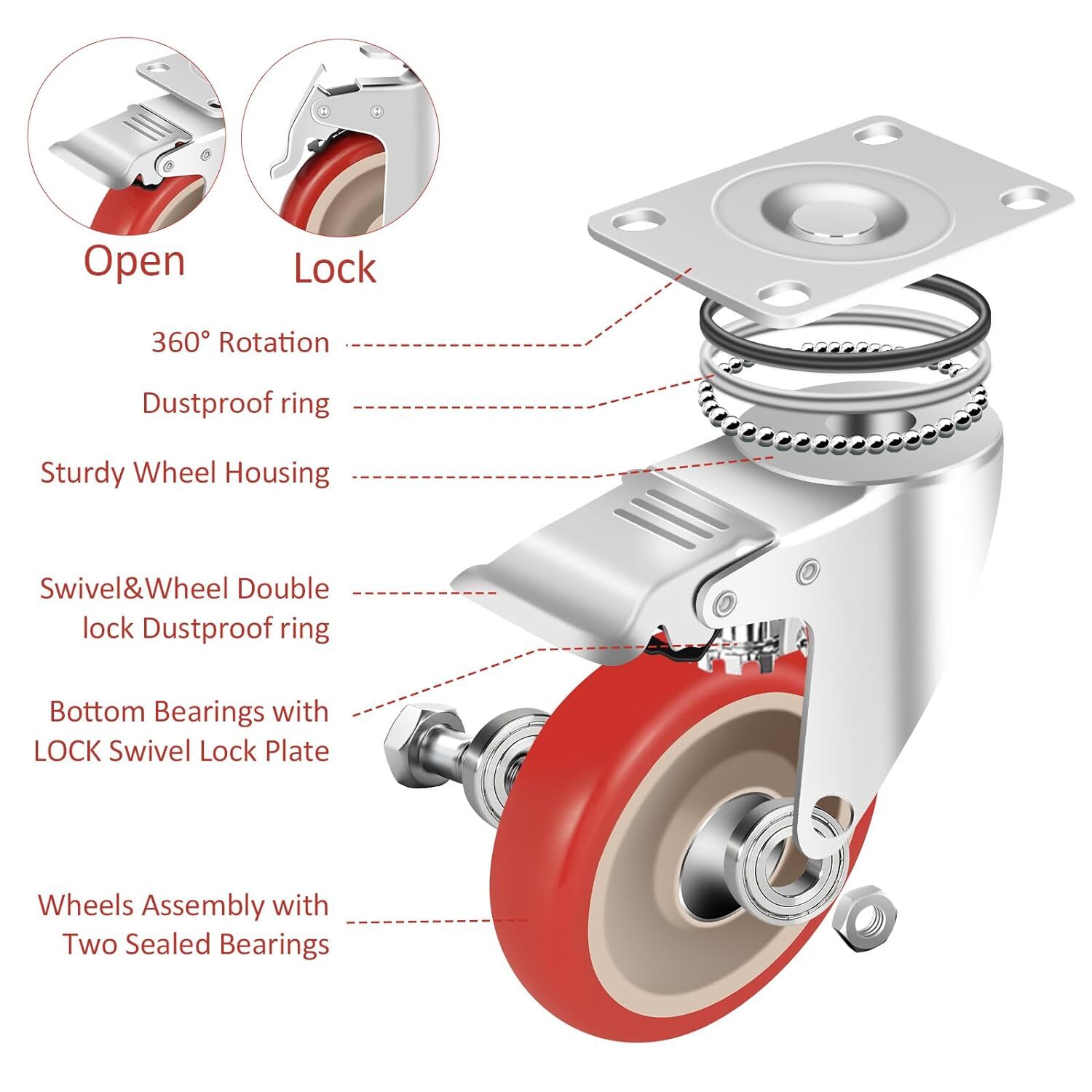 8 Pack Heavy Duty 4'' Caster Wheels Swivel Plate Polyurethane Wheels w/Brake US