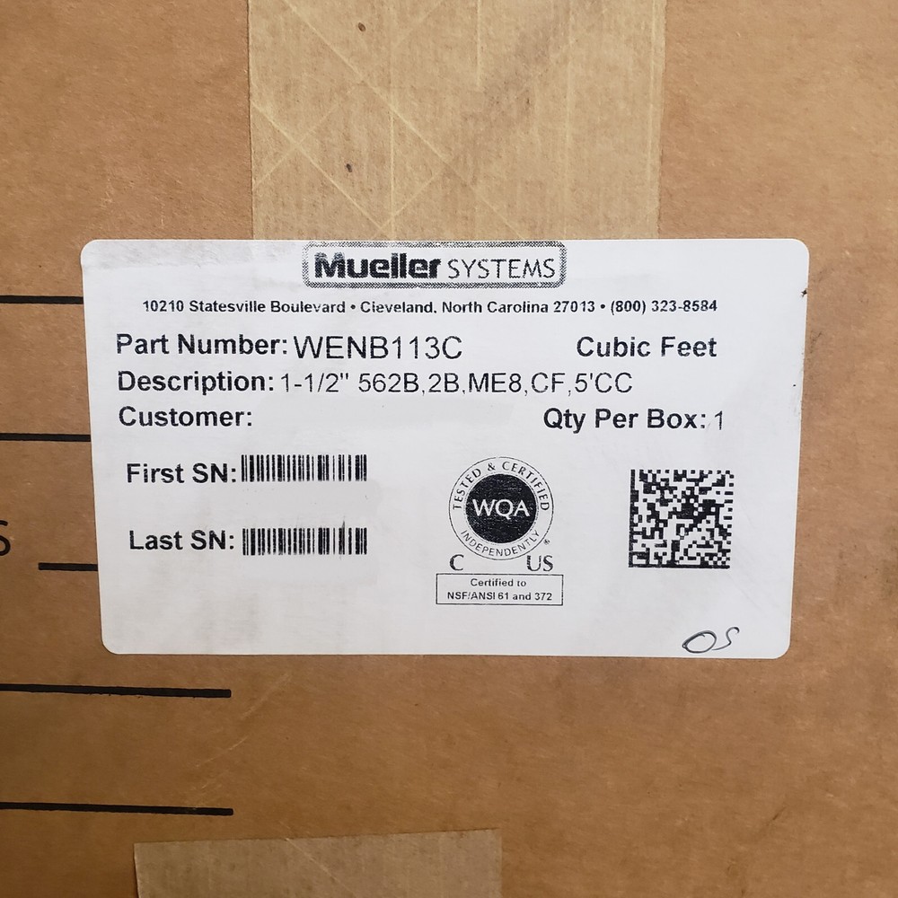 Mueller Systems WENB113C Water Meter 1-1/2" Pipe, 562, 2B, ME8 Encoder, CF, 5'CC