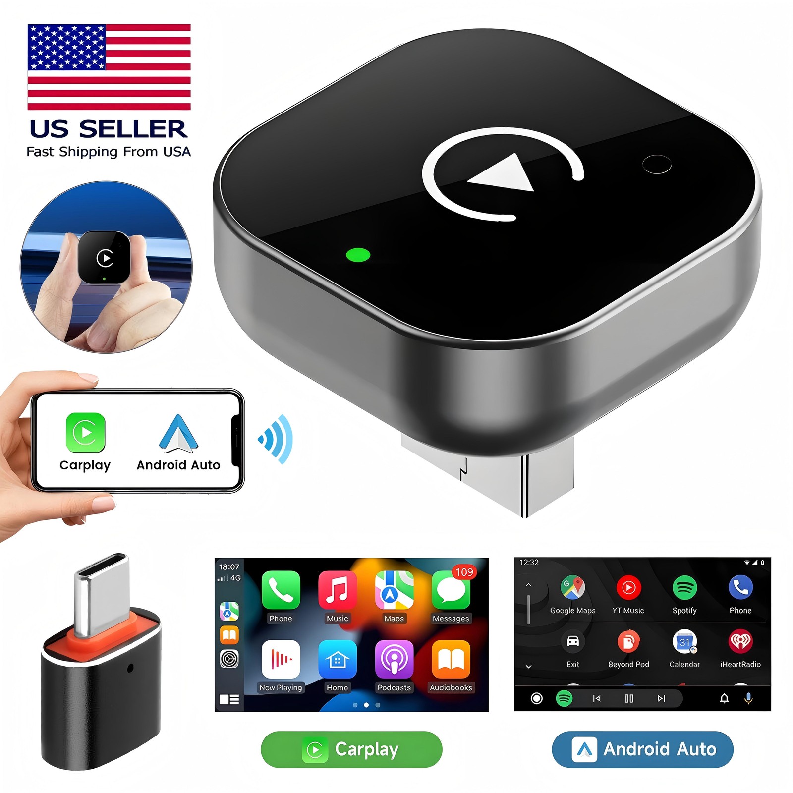 Wireless USB Carplay Adapter Dongle For iPhone Apple Android Auto Plug &Play