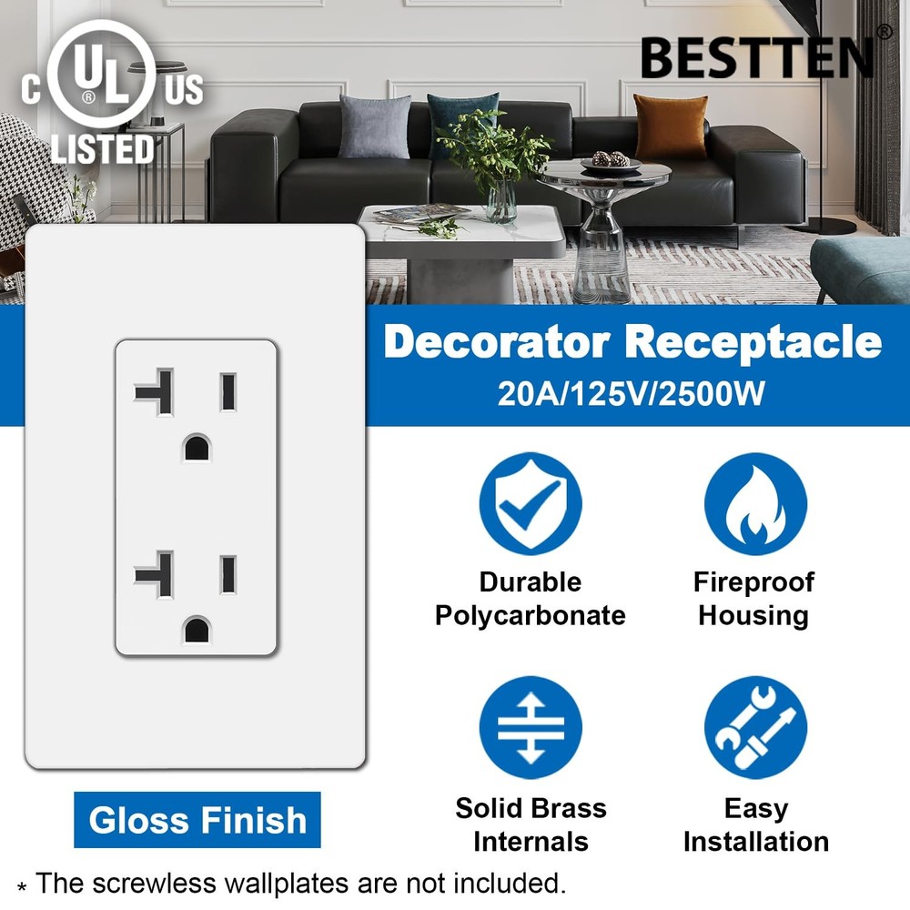 10 Pack 20 Amp Wall Outlets, Non-Tamper-Resistant, UL Listed, White