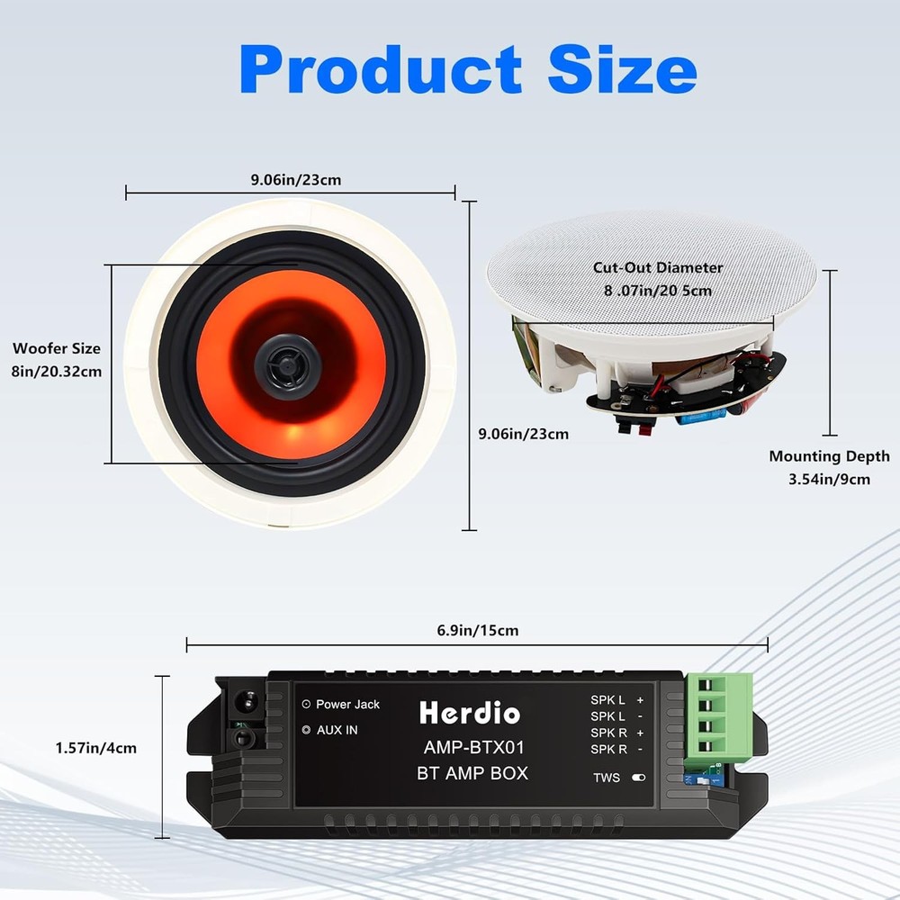 Herdio 8’’ Bluetooth Ceiling / Wall Speakers 2-Way Flush Mount Pair (200W Each)