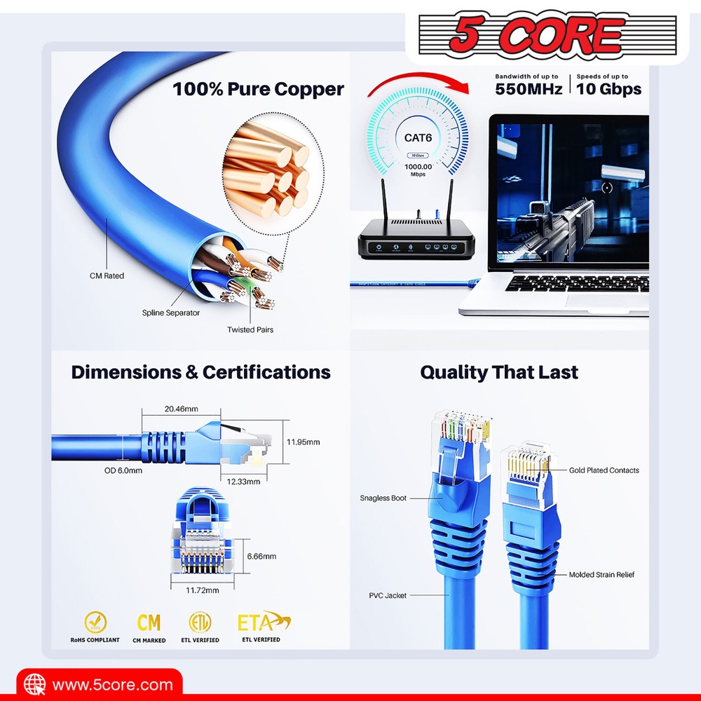 5Core CAT 6 Ethernet Cable Lan Network CAT6 Internet Modem RJ45 Patch Cord LOT