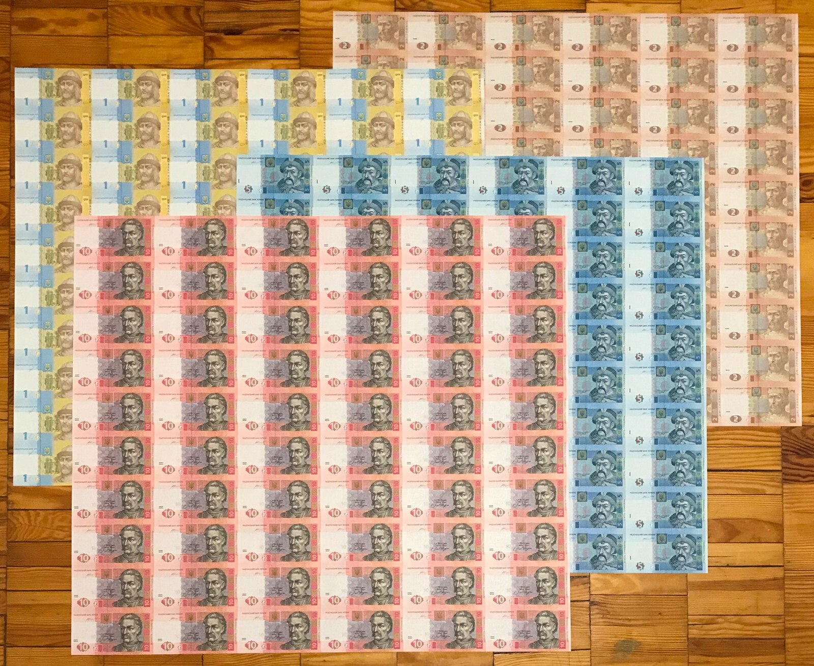 Ukraine, Complete SET of Full (Whole) UNCUT SHEETS x 60 PCS, 1 - 10 Hryven - UNC