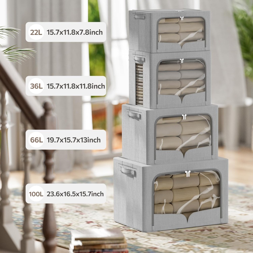 3 Pack Clothes Storage Bins Foldable Metal Frame Storage Box Stackable Linen ...