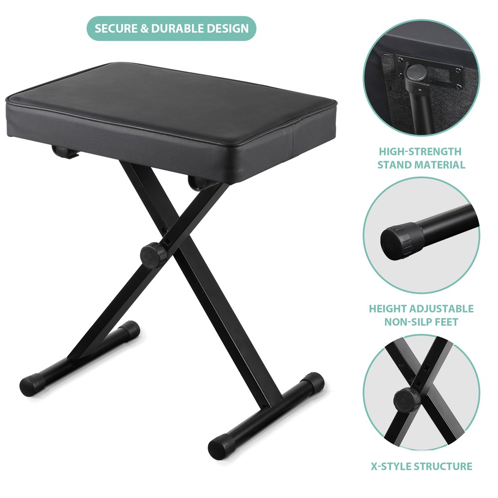 Adjustable Padded Metal Frame X-Style Secure Durable Keyboard Bench, Black