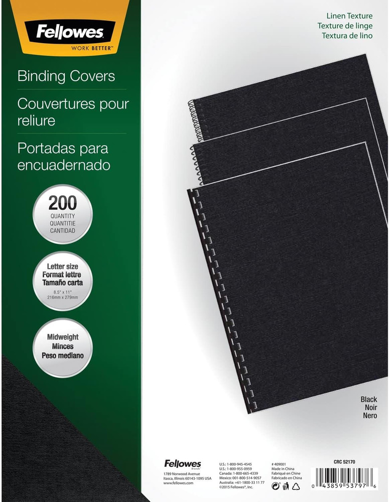 Binding Linen Presentation Covers, Letter, Black, 200 Pack (5217001), Black Line