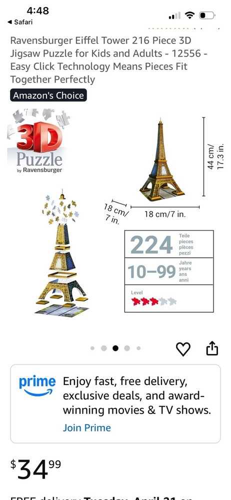 Eiffel Tower 3D Puzzle, 216 Pieces