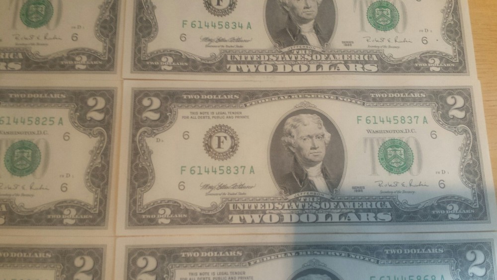 Mint, Uncirculated Two Dollar Bill, Crisp $2 Note, Sequential Order 1995-2017