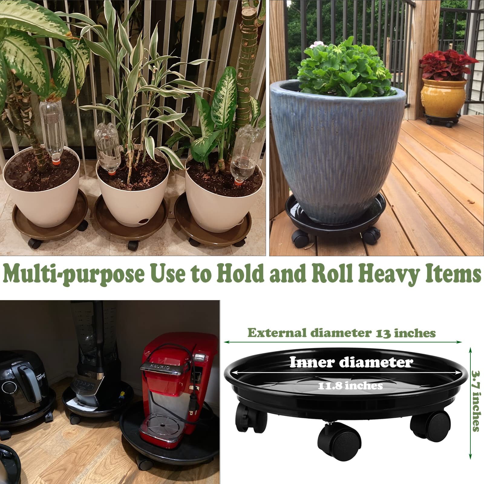 6 Packs Plant Caddy with Wheels 11.8" Plastic Rolling Plant Dolly Coasters He...