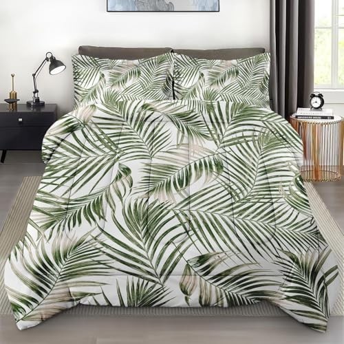 Tropical Palm Tree Comforter Set with 2 Pillowcases, Full Size Botanical Bedding