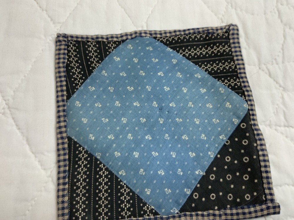 Antique Patchwork Quilt Table Topper, Early Calicos, Blue & Black, Triangles