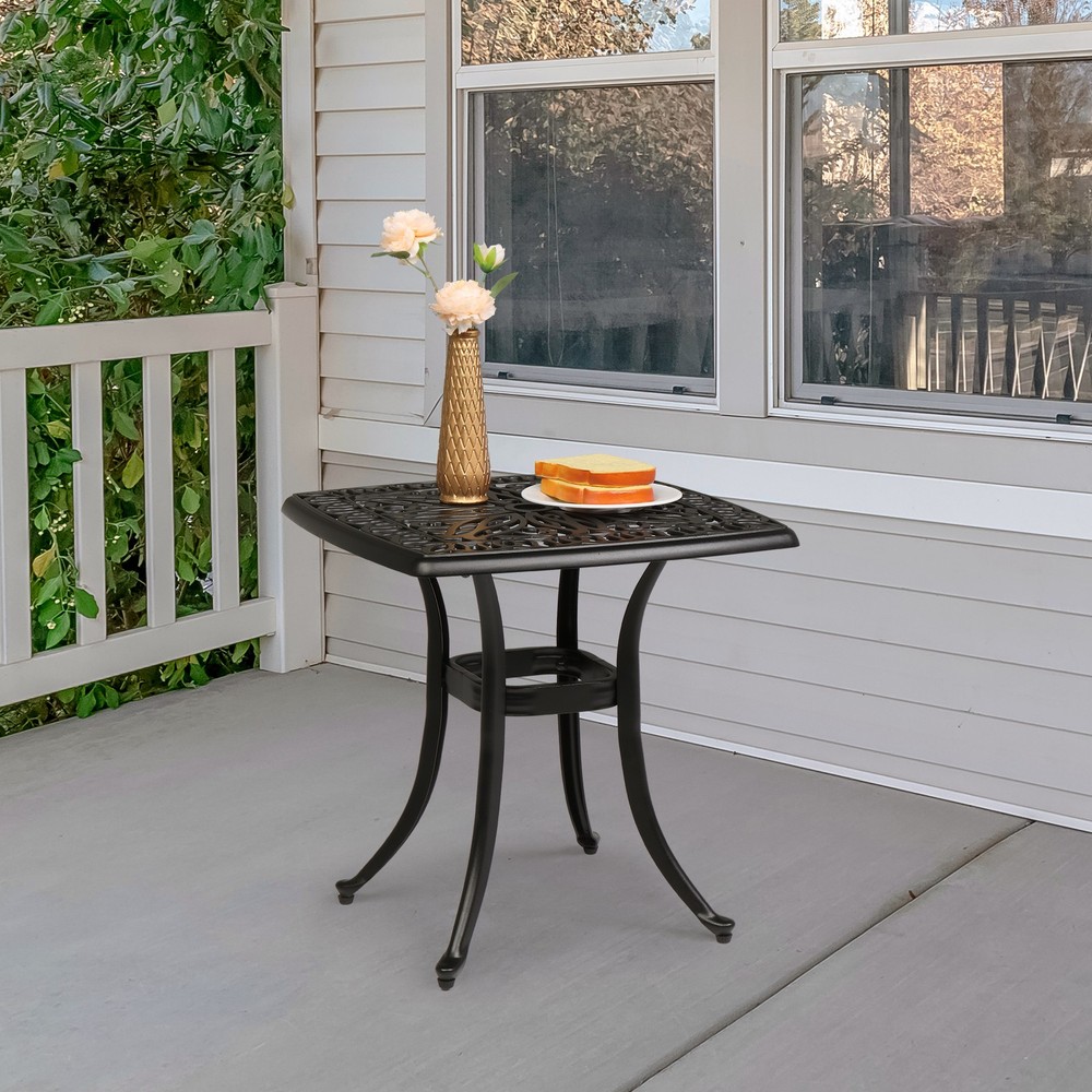 Patio Side Square Table Cast Aluminum with Umbrella Hole Coffee Bar End Table