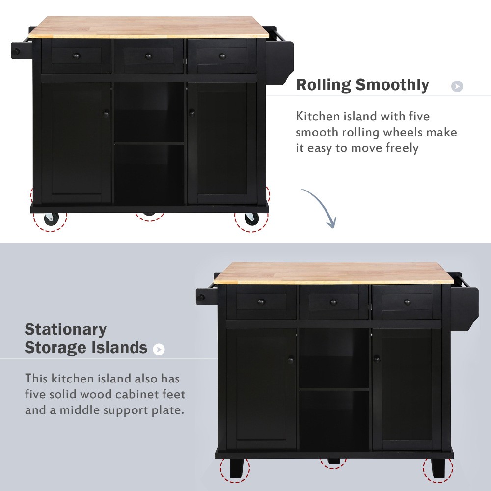 Rolling Kitchen Island Drop Leaf Countertop 3 Drawers 5 Wheels Storage Racks