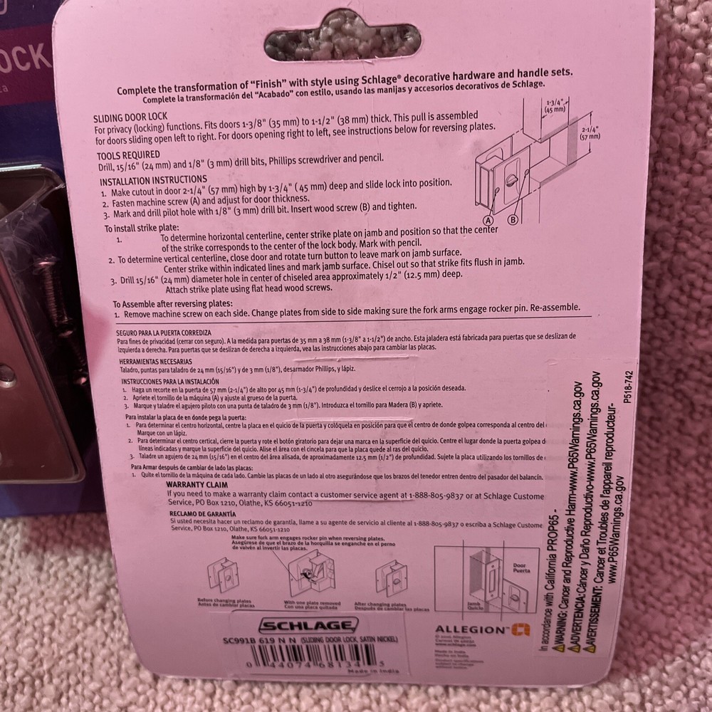 2 Schlage Solid Brass Sliding Door Locks (SC991B619NN)