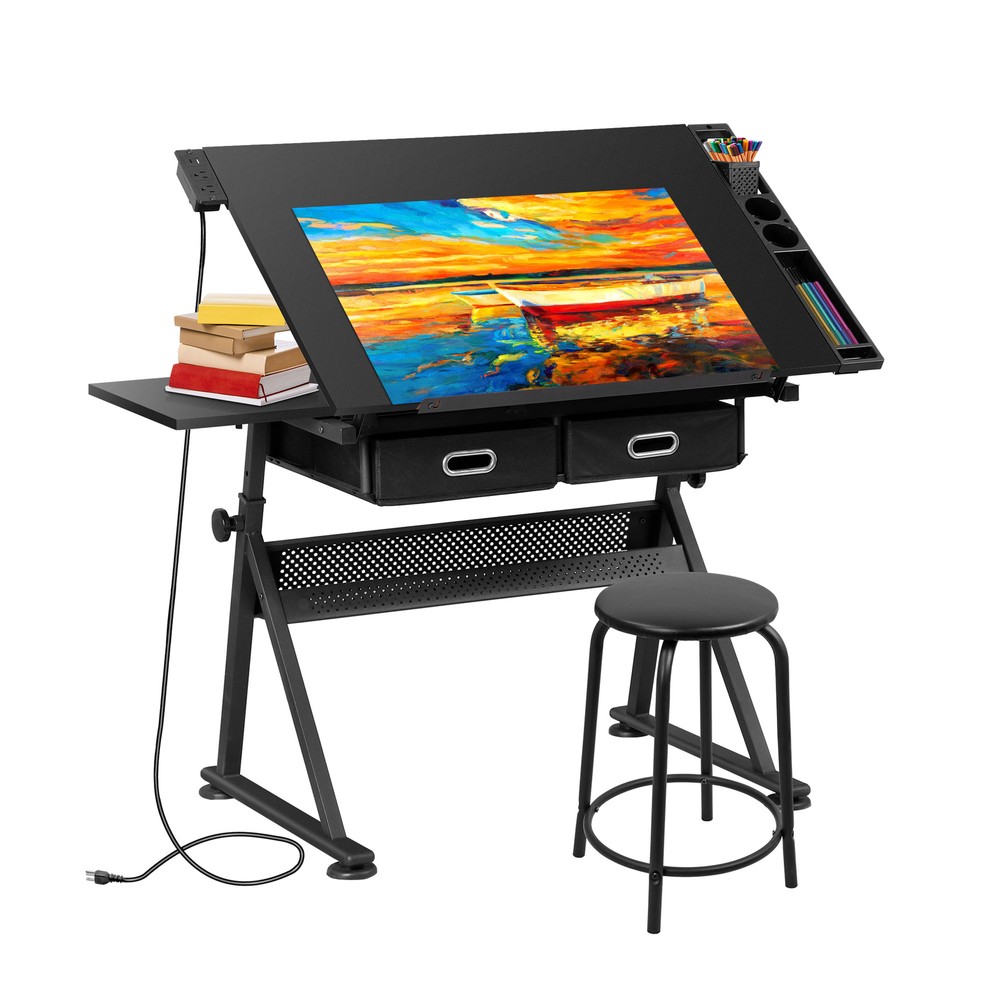 Adjustable Drafting Drawing Table Tabletop Tiltable w/ Stool & Outlet Black