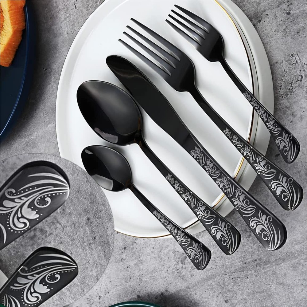 Black Silverware Set, Stainless Steel Flatware Set 30 Pcs for 6, Includes For