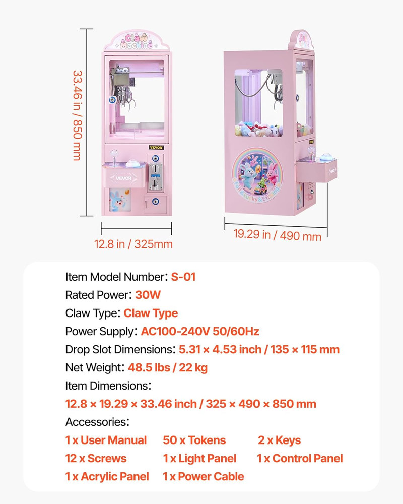 Claw Crane Machine, Medium-Sized Arcade Game Machine with Light & Sound, Adjusta