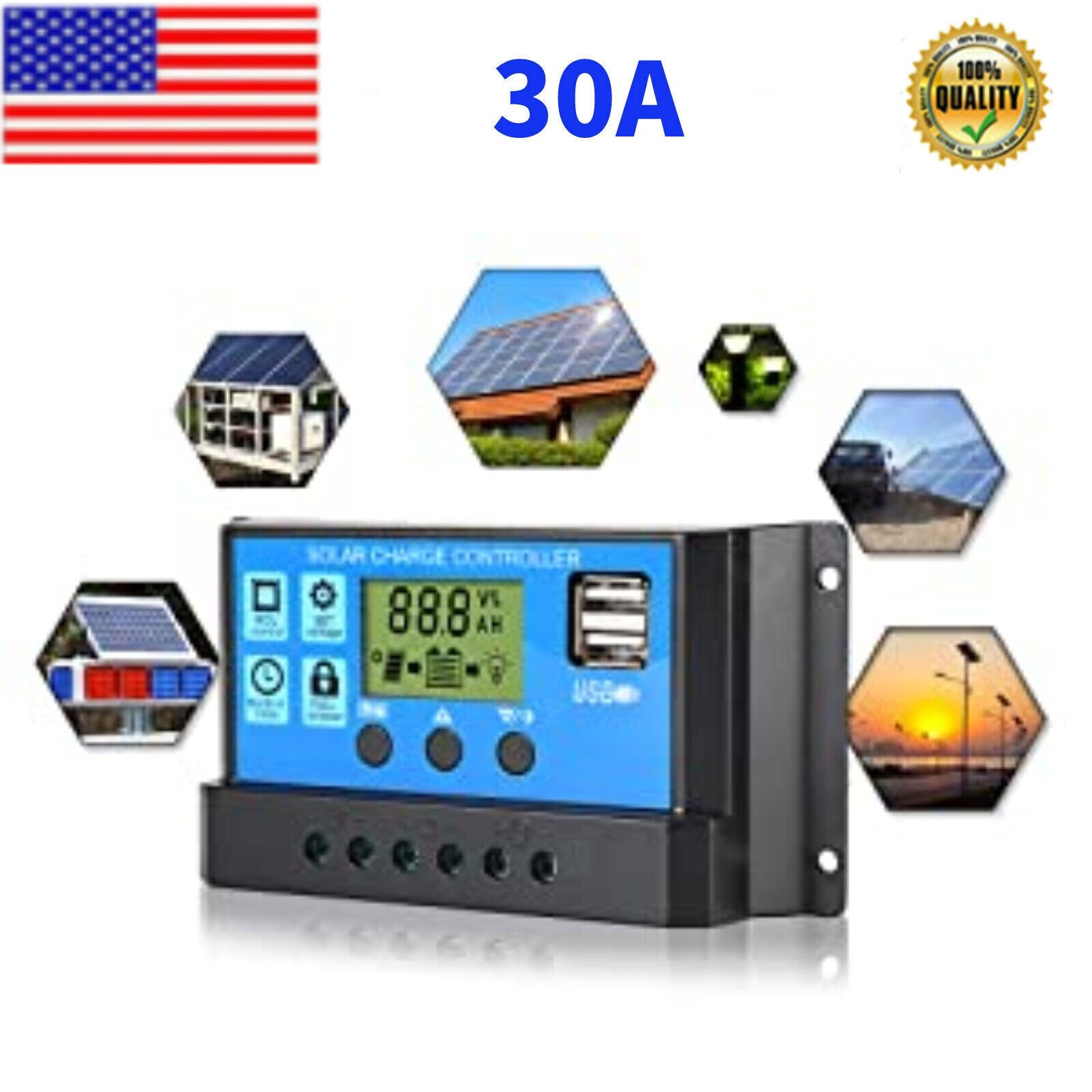 30A 12V/24V Solar Panel Battery Charge Controller LCD Auto Regulator Dual USB US