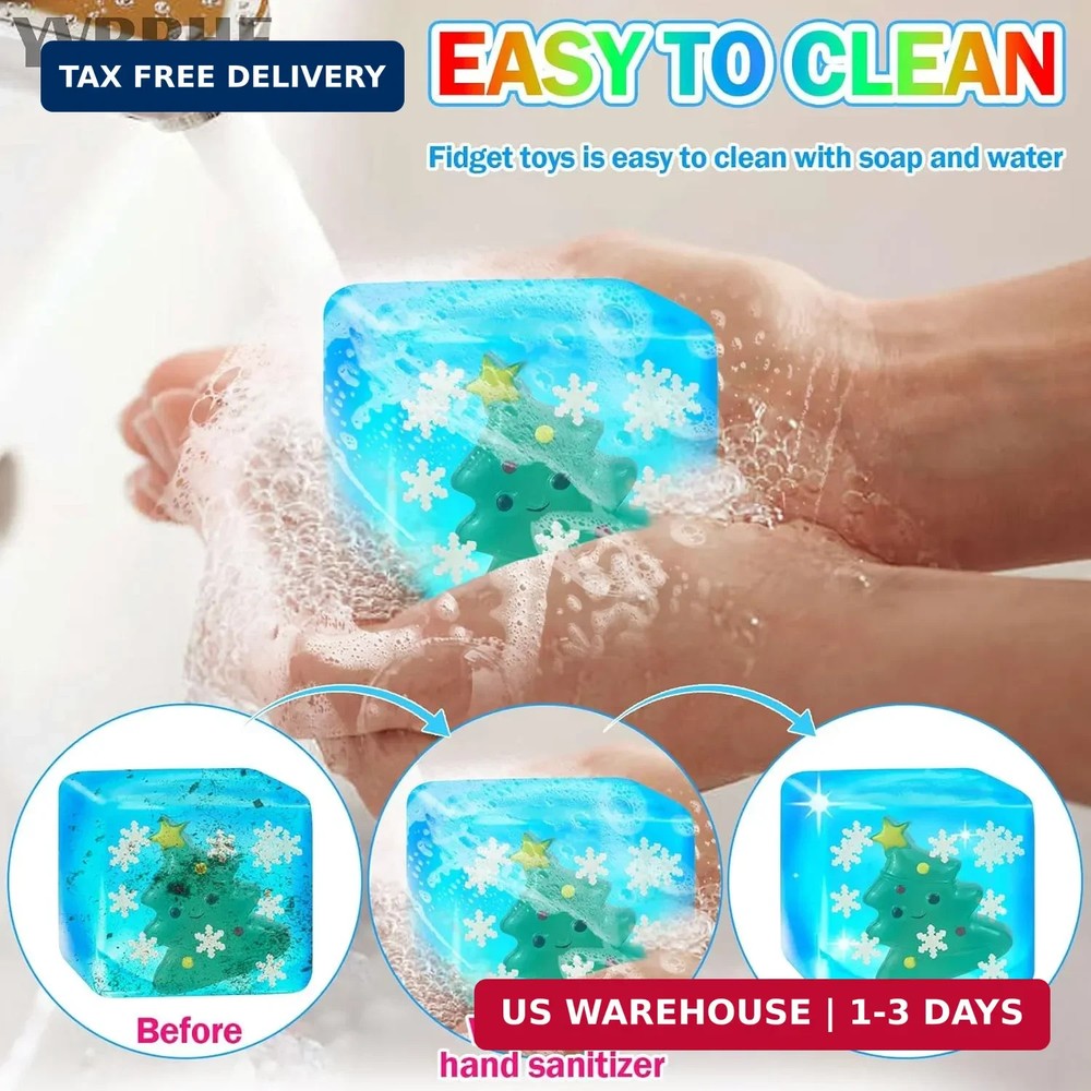 Blue Squeeze Cube with Luminous Hand Painted Christmas Tree Inside，Squishy Stres