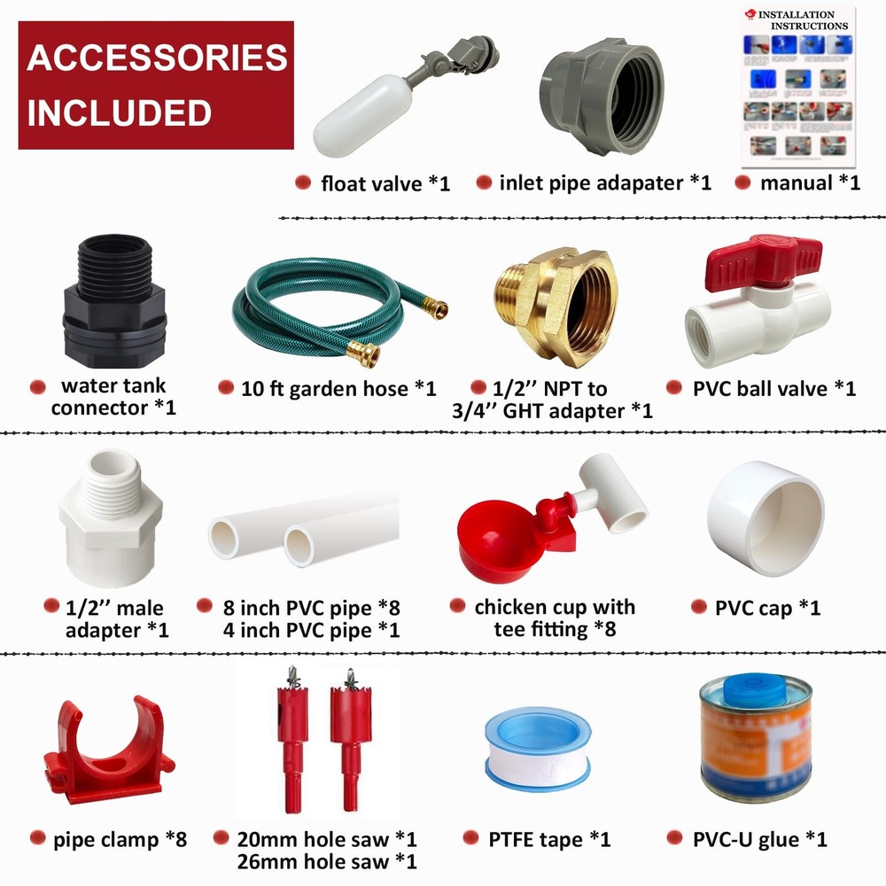 Automatic Chicken Waterer System (45 Accessories Included), Complete PVC Pipe