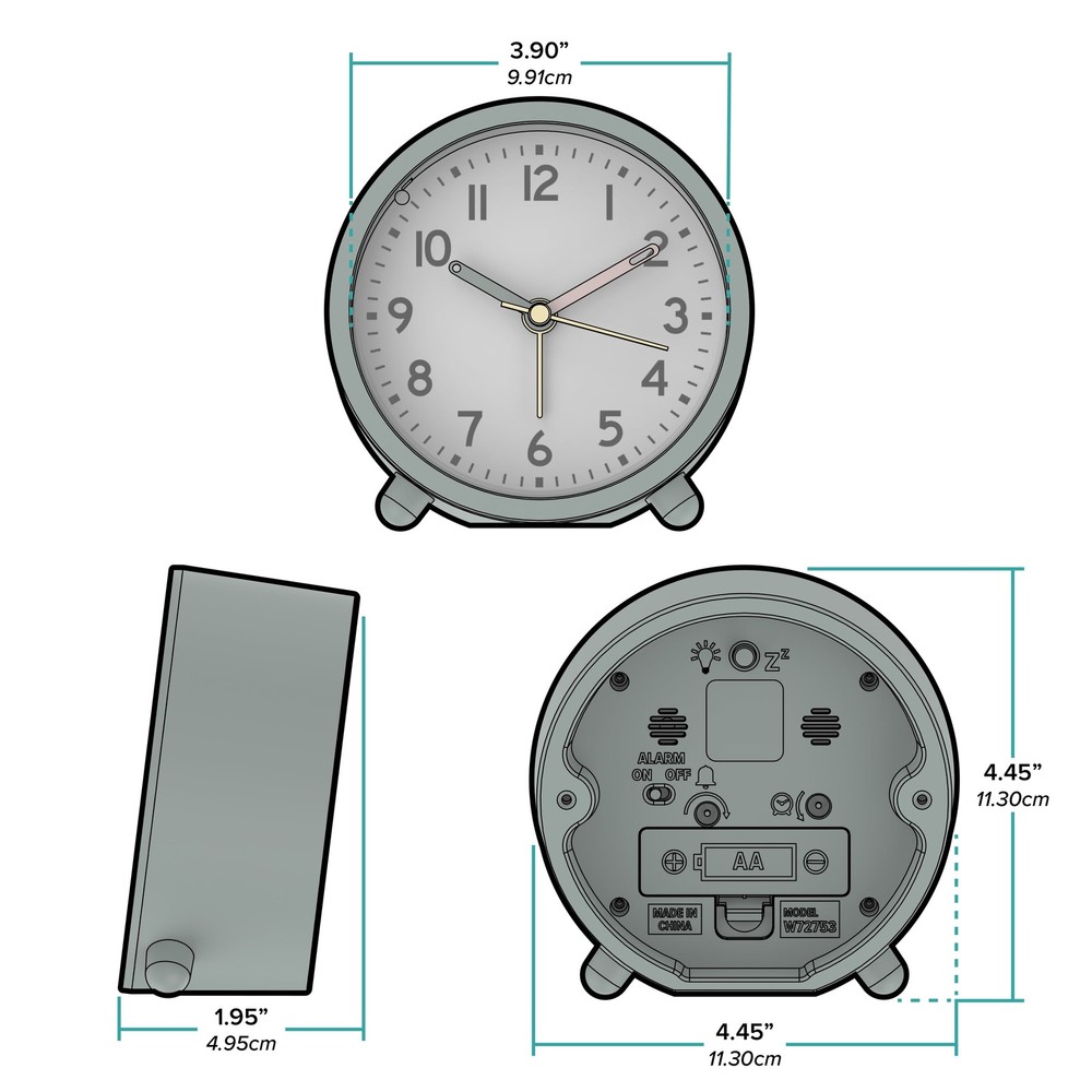 Mini Analog Alarm Clock with Green Case and Night Light