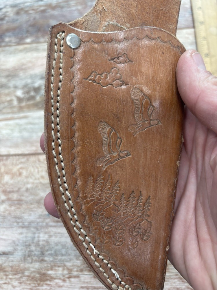 Vintage Fixed Blade Brown Leather Knife Sheath Forest Eagle Pattern