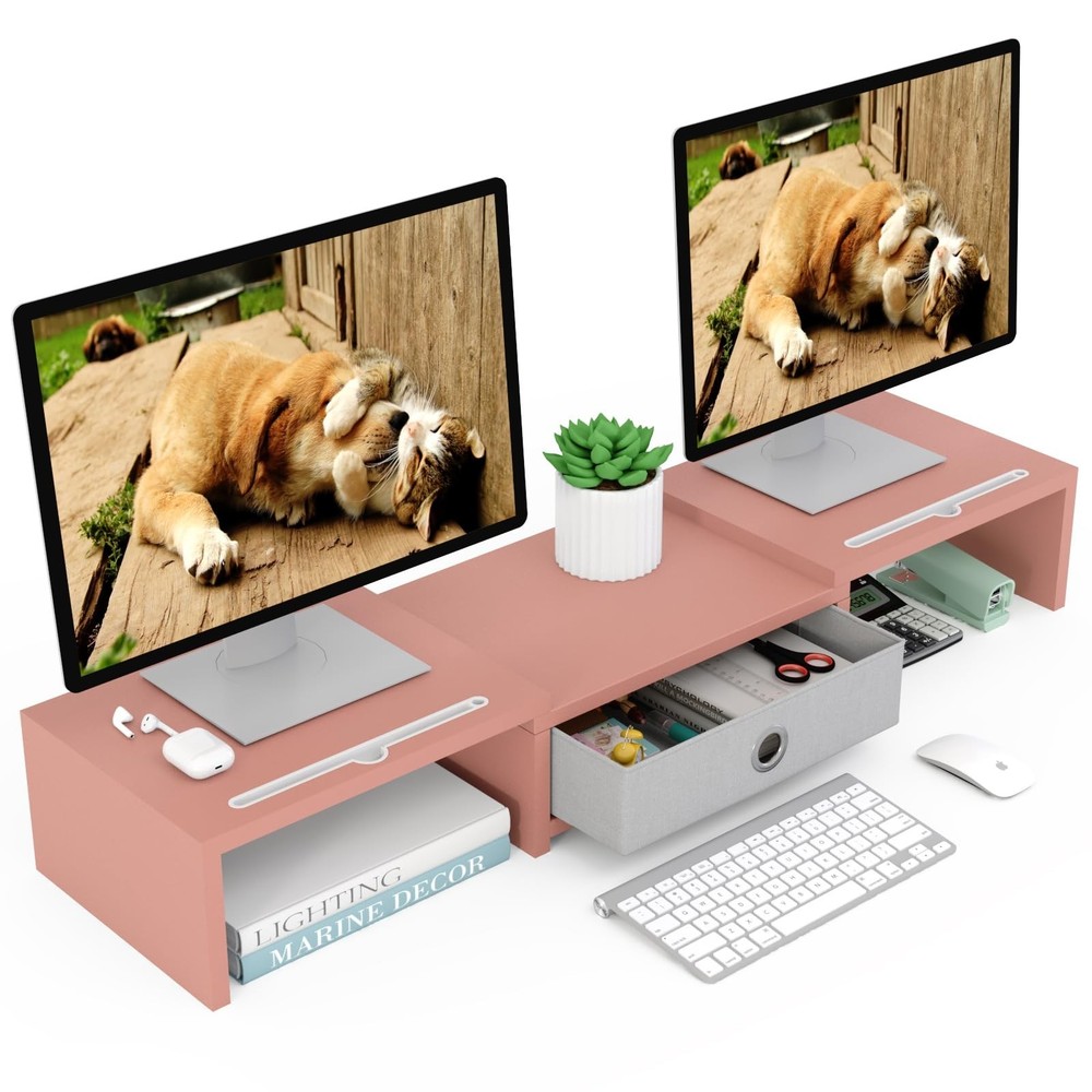 WESTREE Dual 3 Shelf Computer Riser with Drawer, Adjustable Length and Angle,...