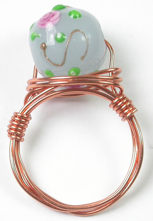 Wire Wrapped Lilac Lampwork Bead Ring Handcrafted