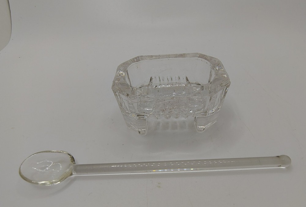 EAPG Rectangular Octagon Footed Open Table Salt Dip Cellar Dish W/ Plastic Spoon