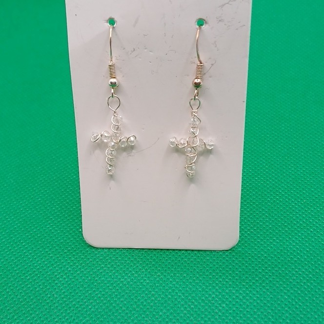 Handcrafted Dangle Earrings Silver Wire Cross Clear Beads Religious
