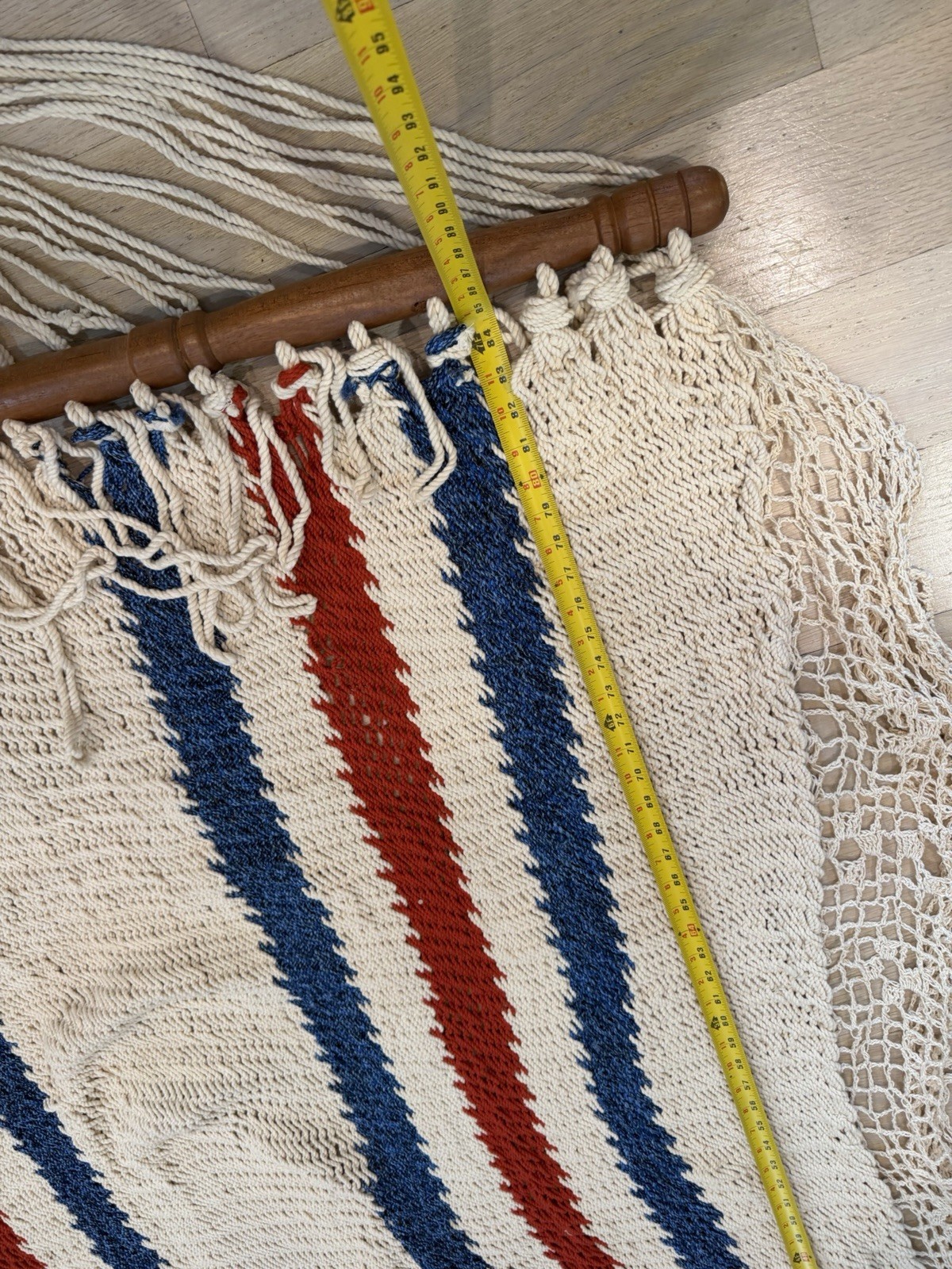 Vtg Rope Macrame Hammock Nantucket JFK Red & Blue Wooden Spreaders 51 x 88 In