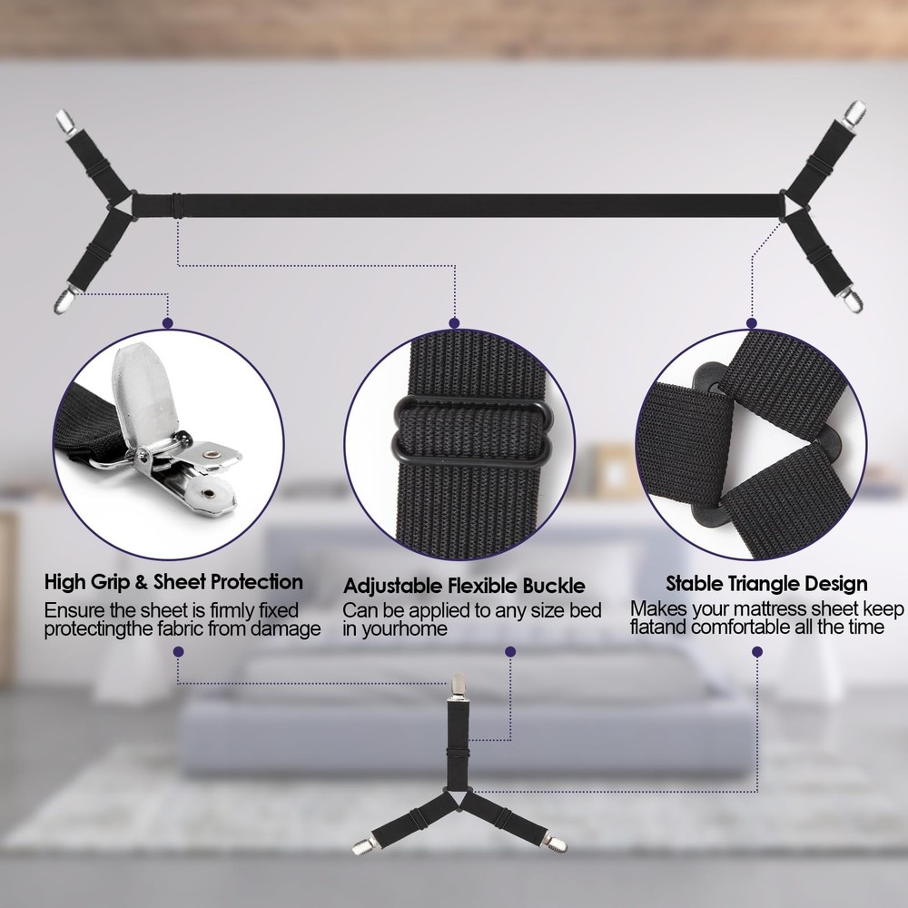 6 PCS Black Adjustable Bed Sheet Straps, Elastic Corner Clips, Fitted Fasteners