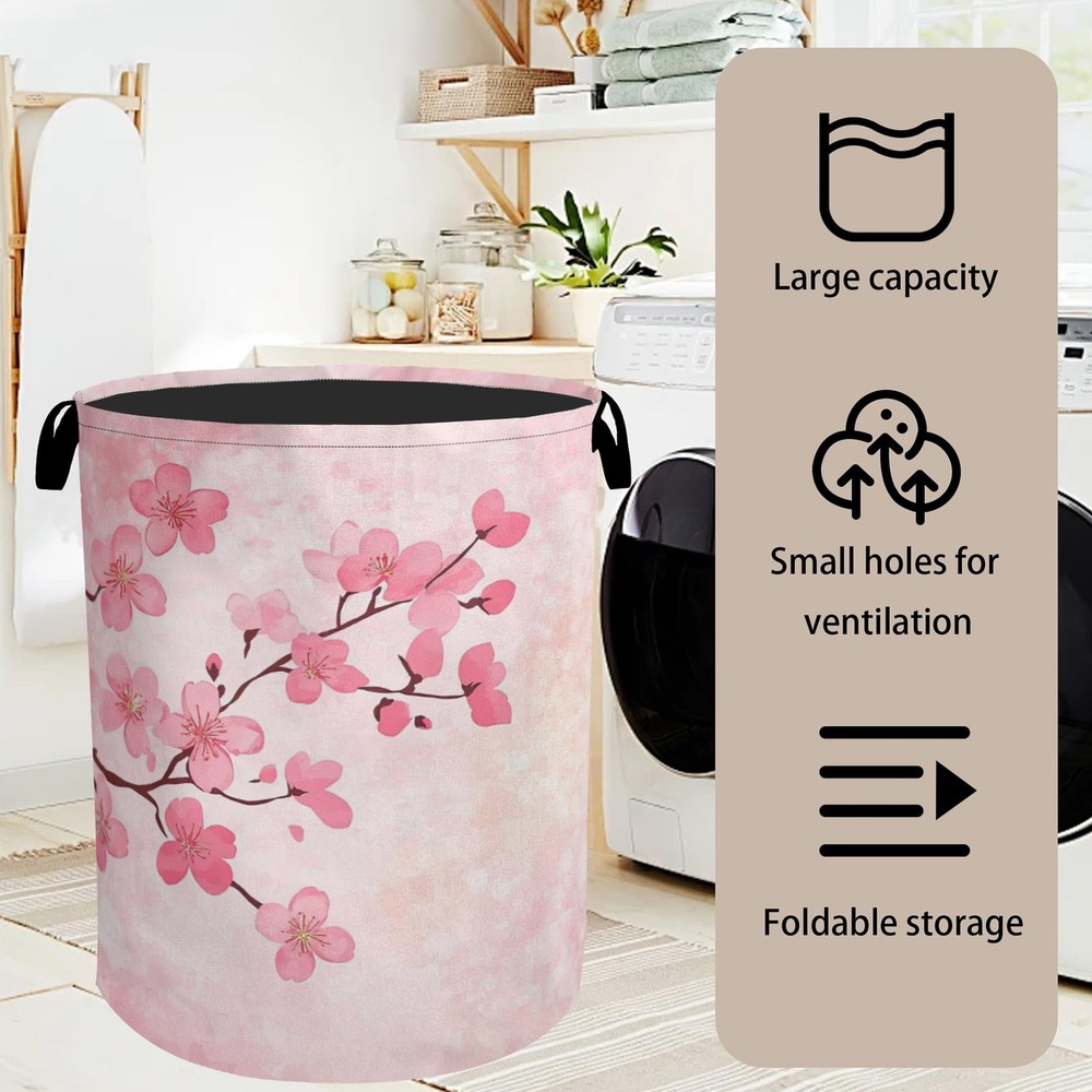 Pink Cherry Blossoms Laundry Basket - Extra Large Foldable Laundry Hamper for...
