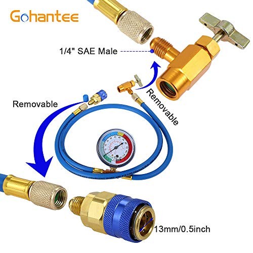 R134a Recharge Hose Kit with Gauge, 59'' AC Refrigerant Recharging Hose