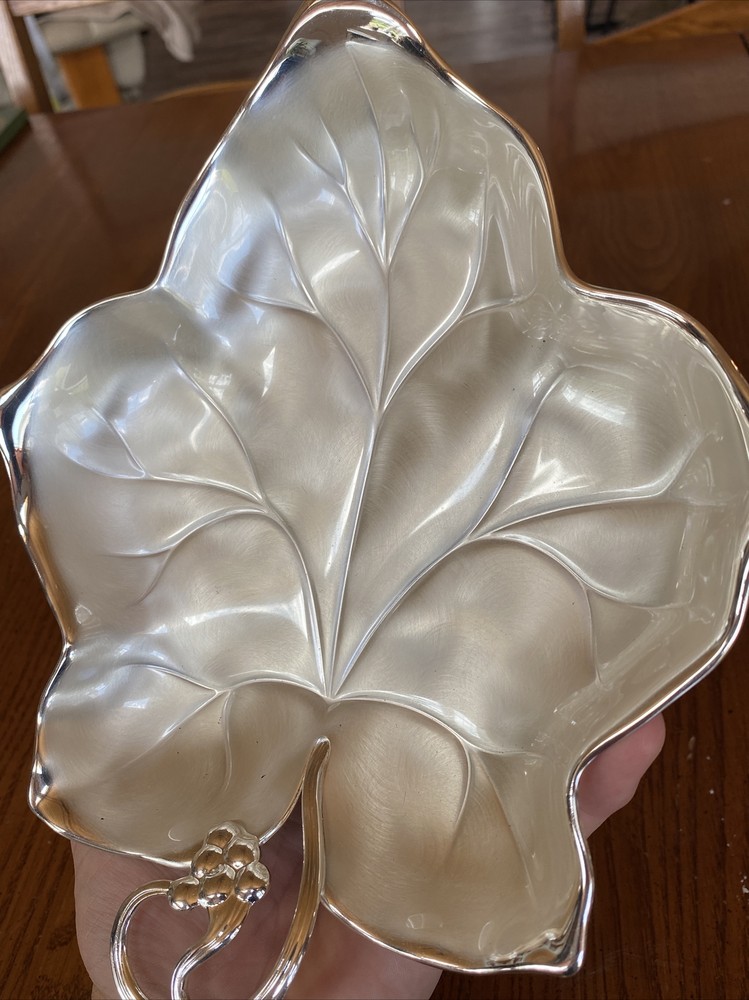 WMF Germany EP BRASS Brushed SilverPlate Footed Grapes 🍇 Handled Leaf Vein Dish