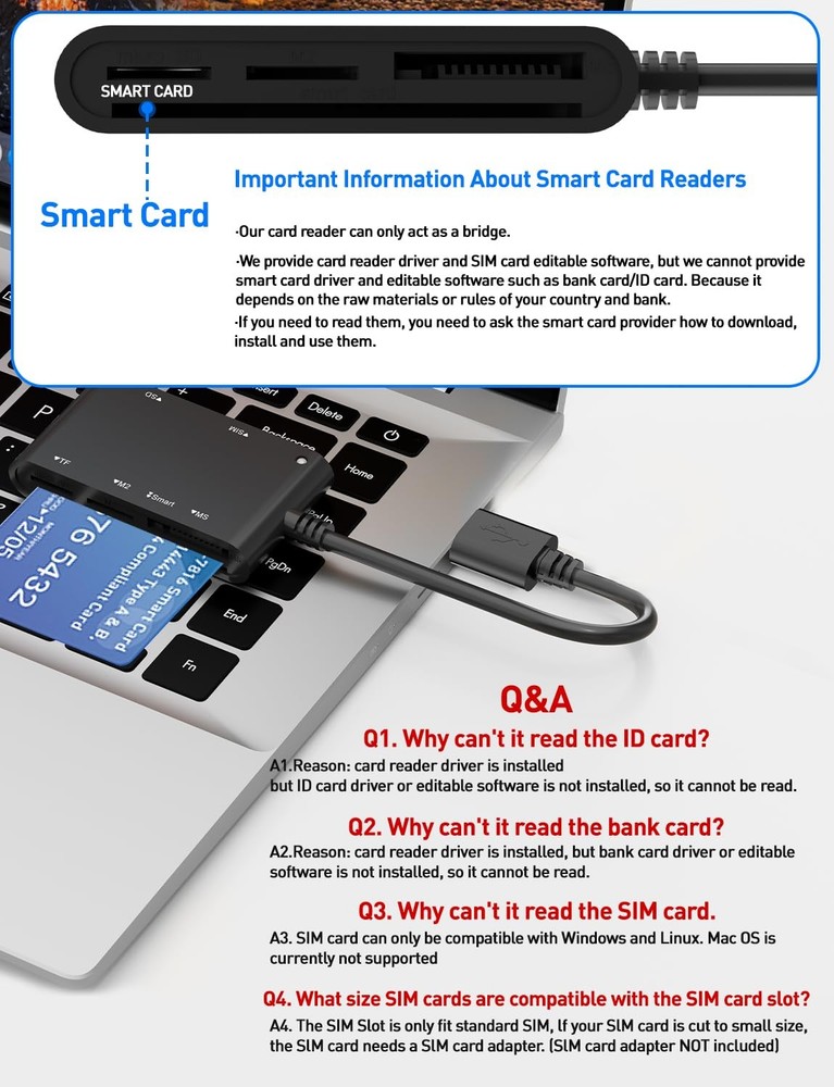 SIM Card Adapter for Computer - 7 in 1 CAC Smart USB A Reader,Black