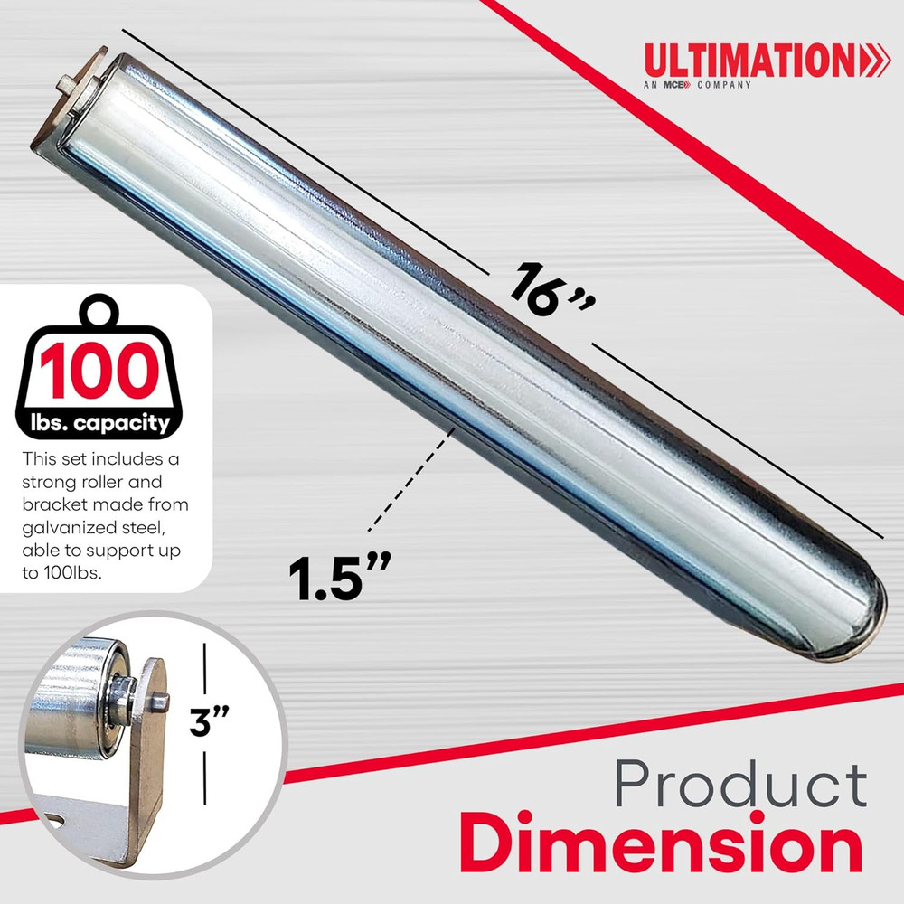 Ultimation Pack of 2 | 16" Long Roller & Bracket Set |1.5" Diameter | Galvanized
