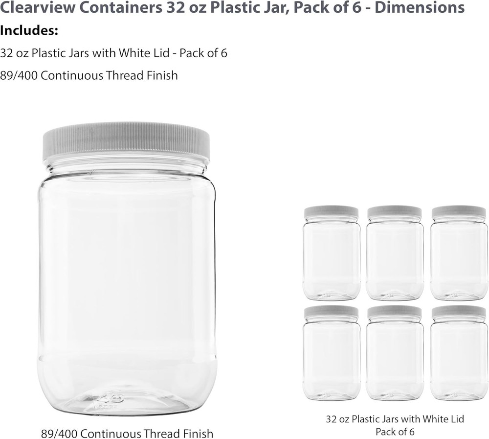 CLEARVIEW 1 Quart Plastic Jar - 6 Pack | Containers and Organization 32 Ounce...