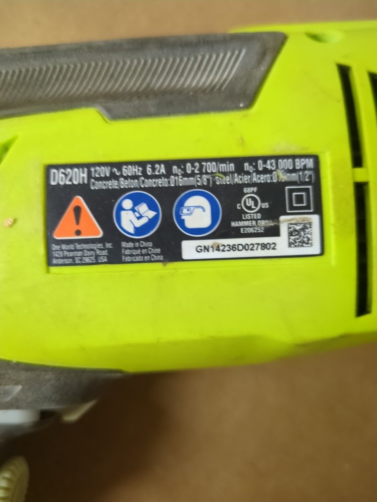 Ryobi D620H 5/8 inch Variable Speed Reversible Hammer Drill NO HANDLE