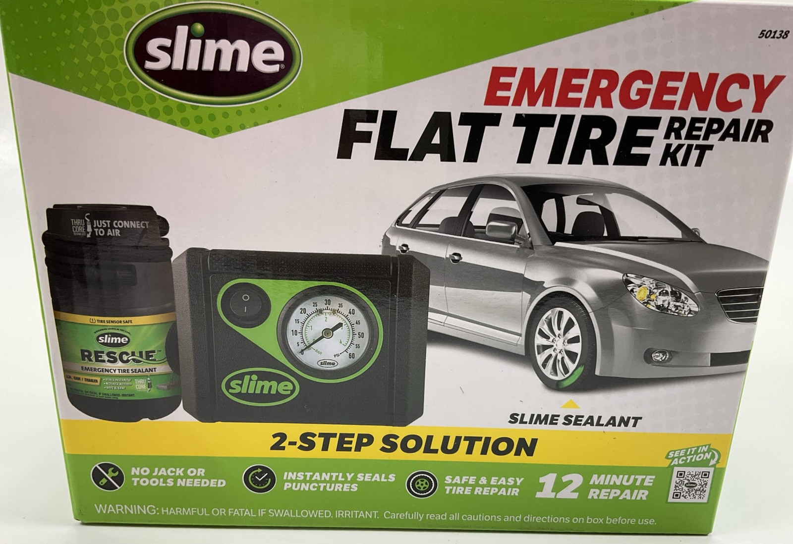 Slime 50138 Flat Tire Puncture Repair Kit W/ Air Compressor Pump + Sealant Can
