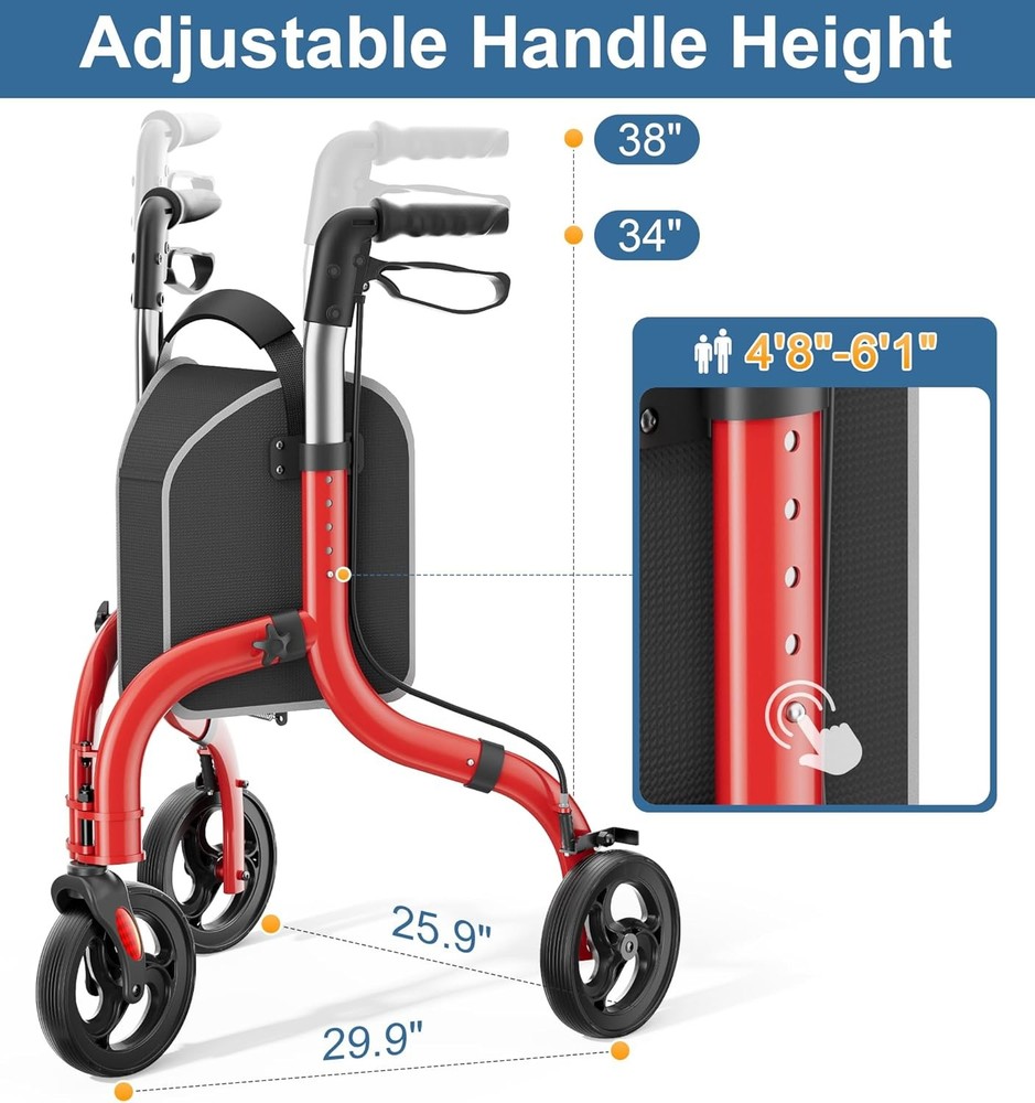 Three Wheel Walker Foldable Aluminum Lightweight Adjustable Mobility Aid