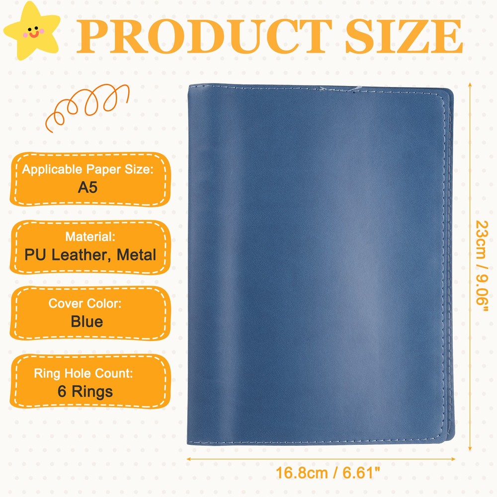 A5 PU Leather Binder Protector, 6 Ring Loose Leaf Notebook Protector, Blue