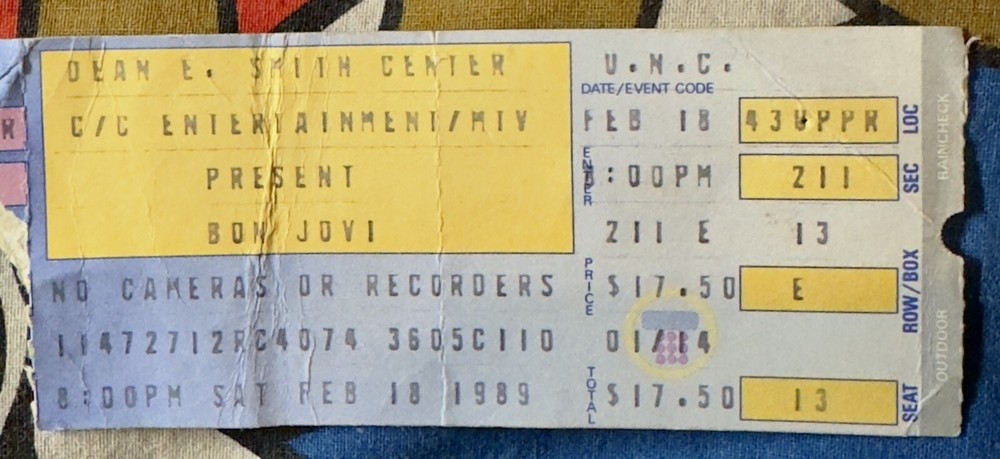BON JOVI - FEBRUARY 18, 1989 - DEAN E. SMITH CENTER - TICKET