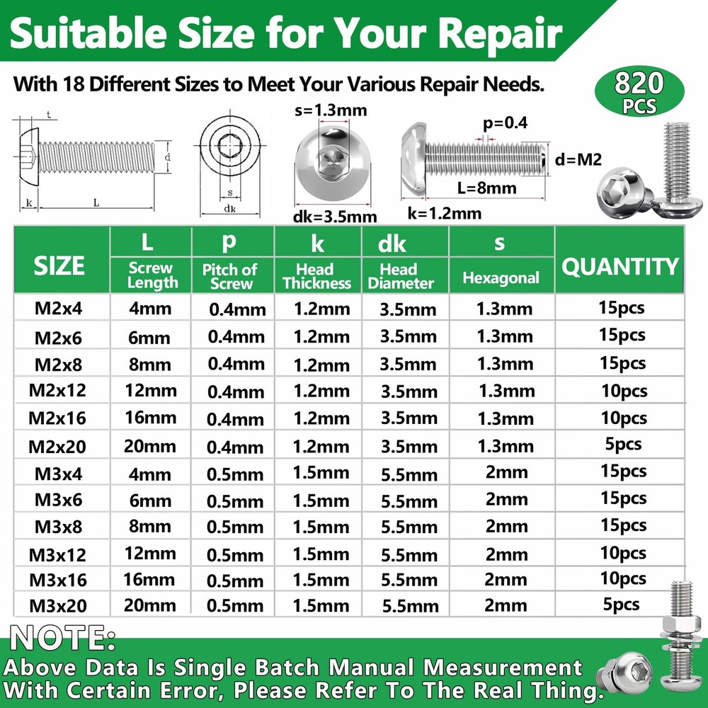 820PCS Screws and Nuts, M2 M3 Hex Button Head, 820 Silver