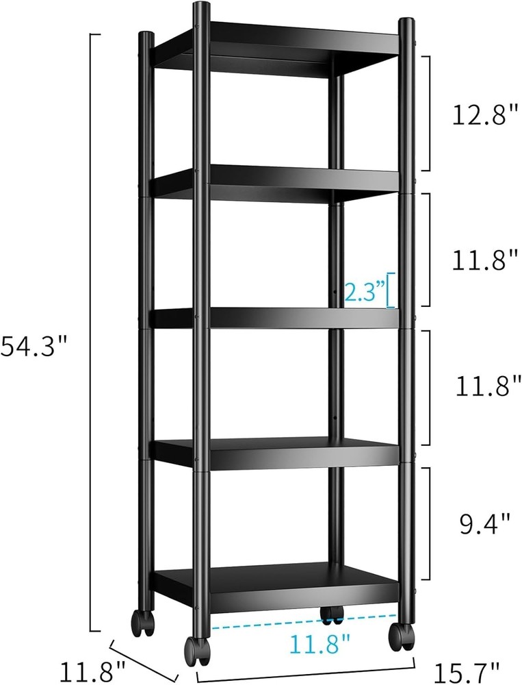 Compact 5-Tier Black Storage Shelves - Rust-Proof Utility Solution with Wheels