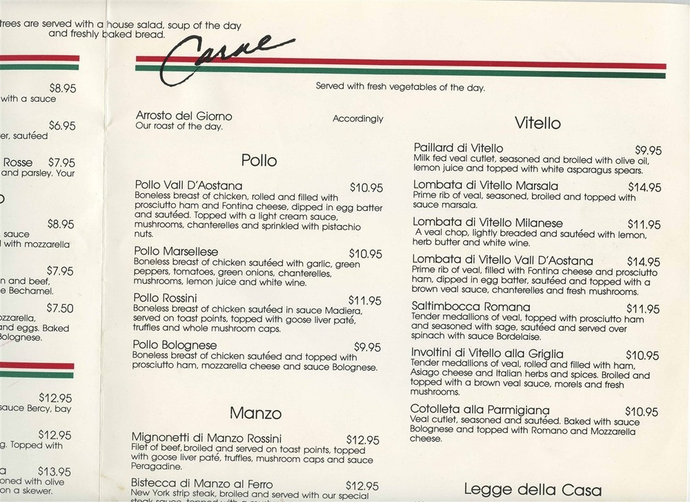 Griglia Italian Restaurant Menu