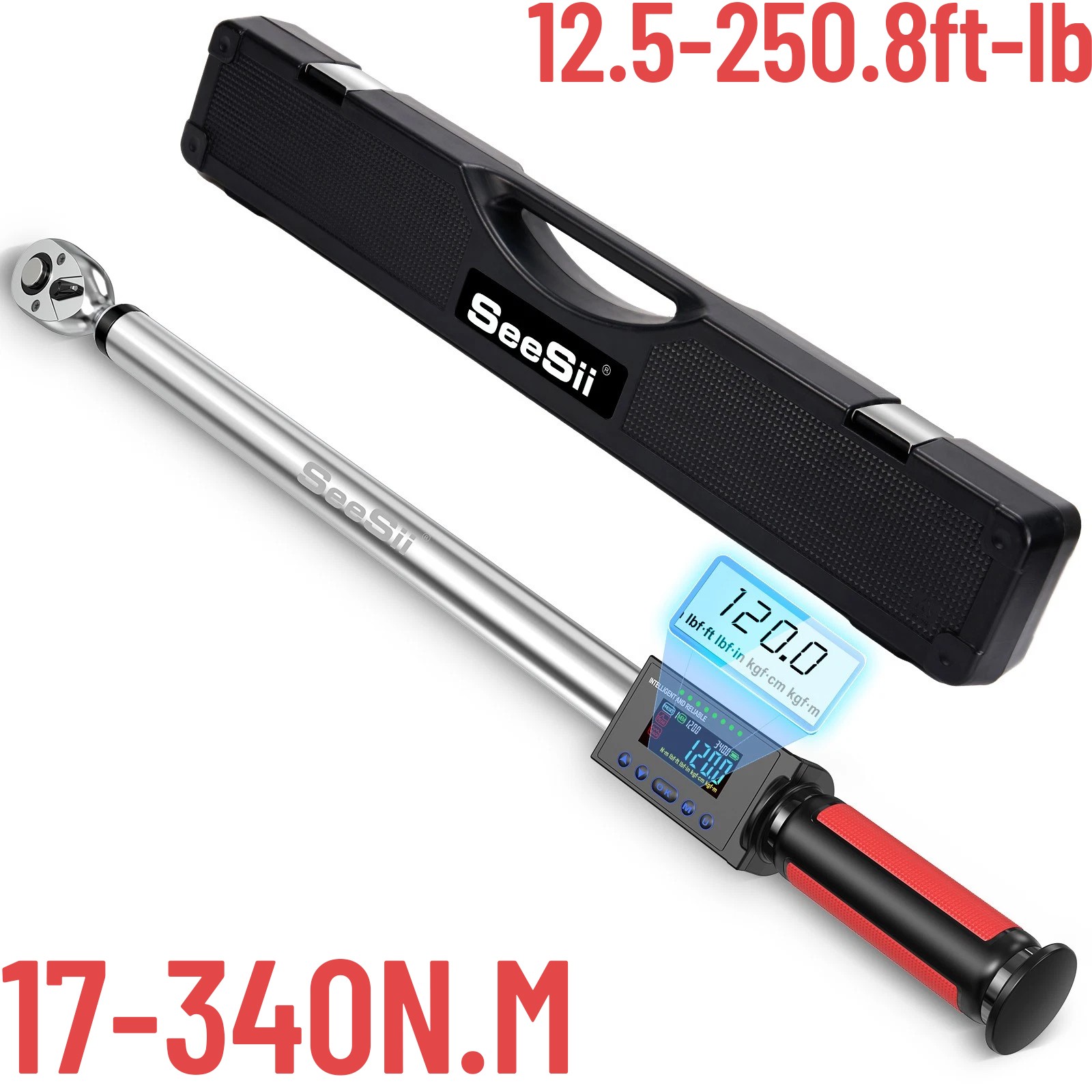 Seesii 1/2" Drive Digital Torque Wrench 12.5-250.8ft-lbs/17-340N.m Reversible