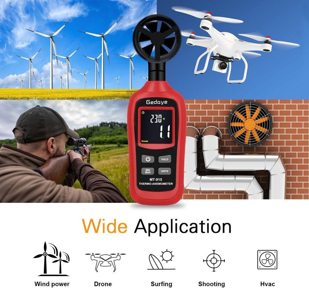 Digital Wind Speed Meter, Handheld Anemometer, Measure Wind Speed and Tempera...