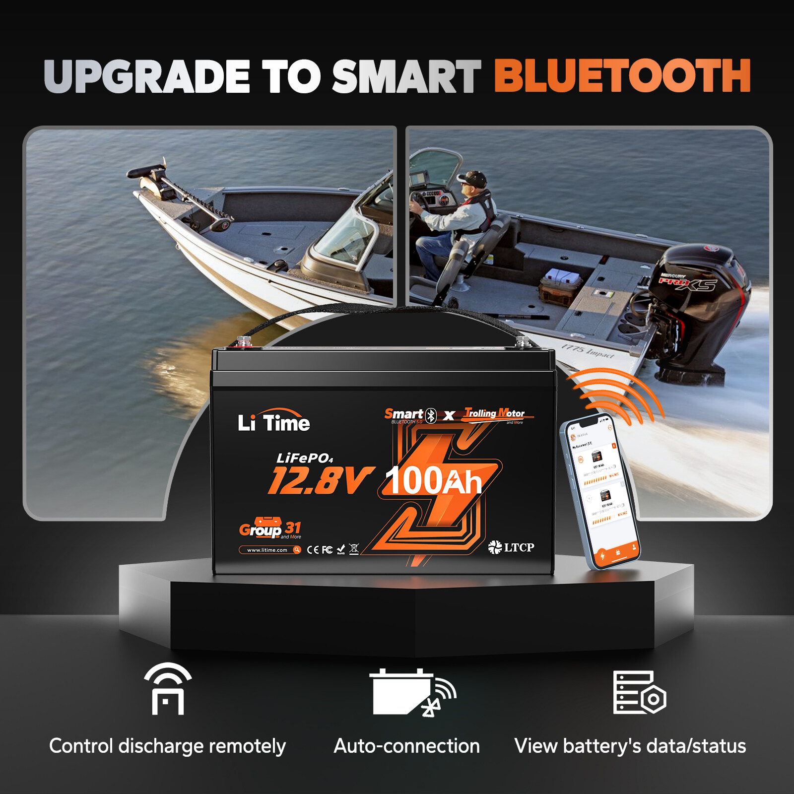 LiTime 12V 100Ah Group 31 Bluetooth LiFePO4 Lithium Battery Low-Temp Protection
