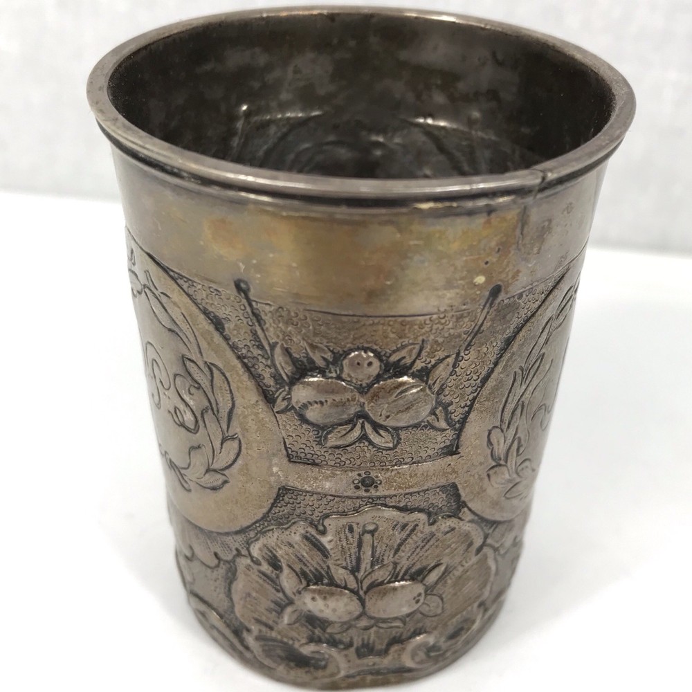 Antique 18th C German Embossed Silver Beaker “PHS” Possibly Andreas Lobenschrot